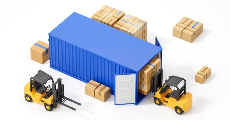 Vector illustration of two forklifts loading a shipping container symbolising the demand for transport and logistics courses in Australia